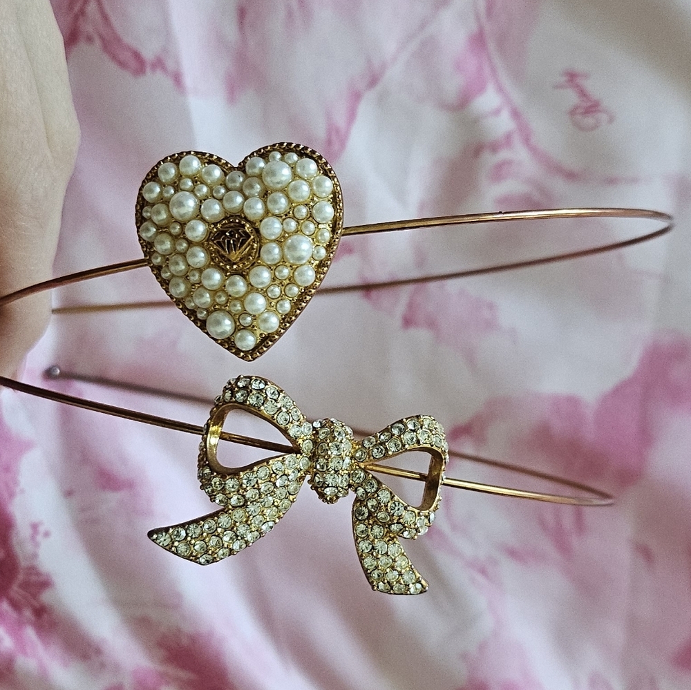 Jesus Diamante Gyaru Gold Heart And Bow Pearl And Rhinestone Headband Set - Picture 7 of 10